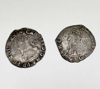 Charles I 6d (x2) 1634-5, mm Bell, F, clipped; 1636-8, mm Tun, F. Condition: please request a