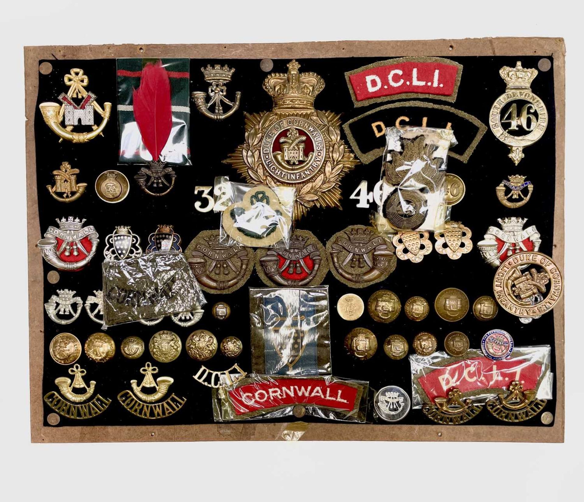 Cornwall Regiments: Duke of Cornwall Light Infantry, etc. Comprising a board mounted framed and