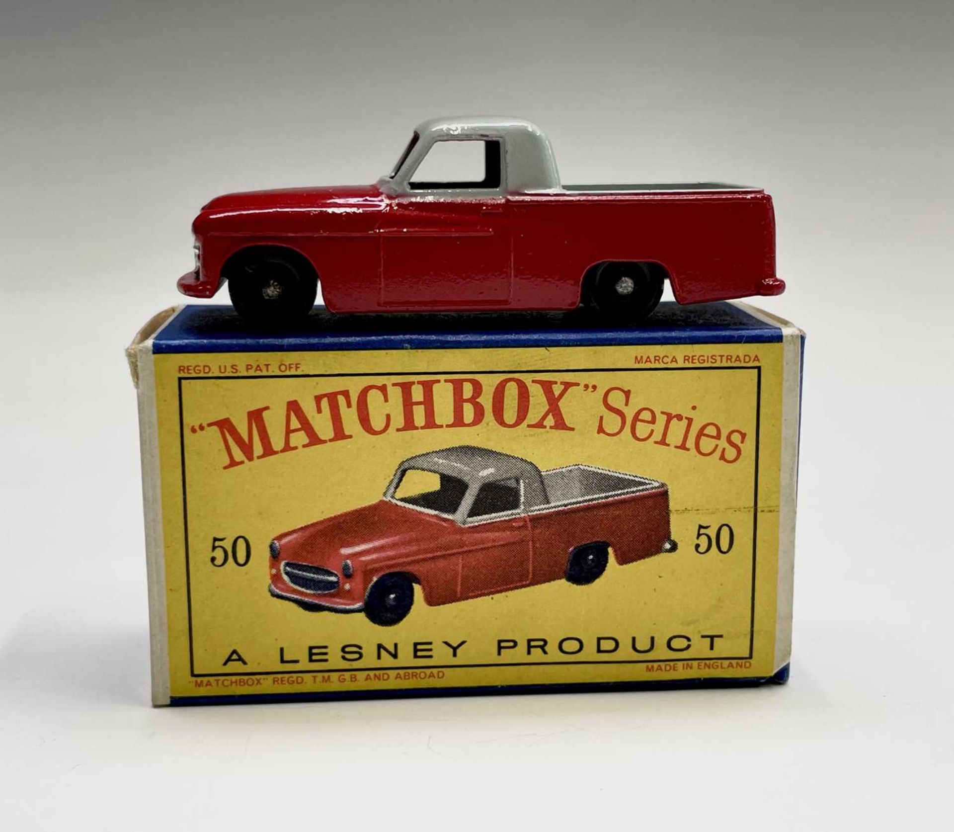 Lesney - Matchbox Toy no 50. Commer pick-up, red and grey body, B.P.W. mint boxed. Condition: please