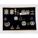 Scottish Territorial Army, etc. A display card containing cap badges, collar dogs, shoulder titles