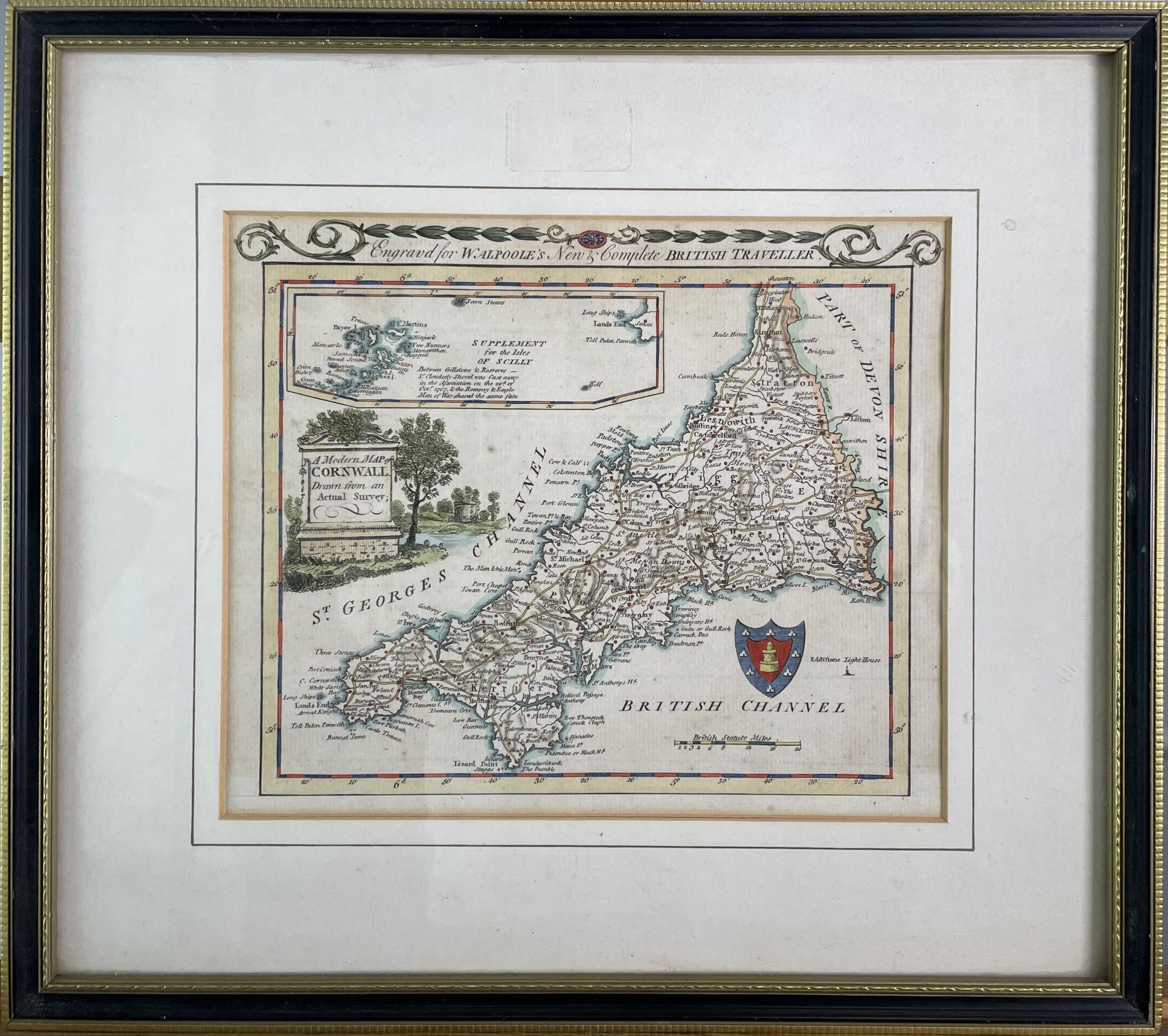 ALEXANDER HOGG. 'The New British Traveller.' Hand coloured map of Cornwall, framed and glazed, 1784, - Image 2 of 2