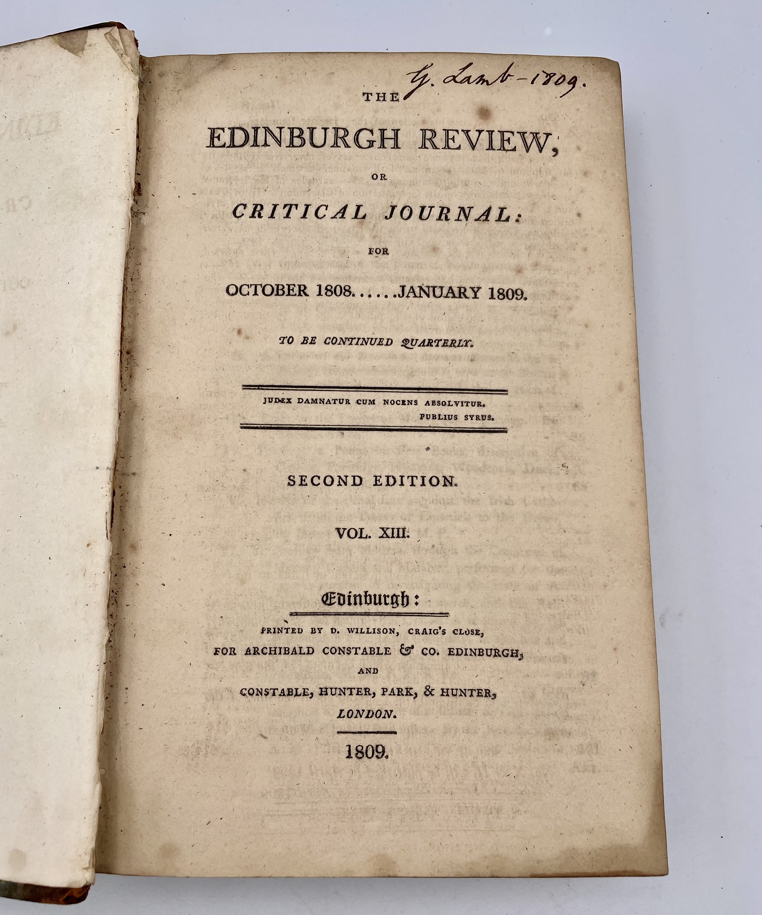 'The Edinburgh Review, or Critical Journal for October 1808....January 1809.' Second edition, vol - Image 4 of 5