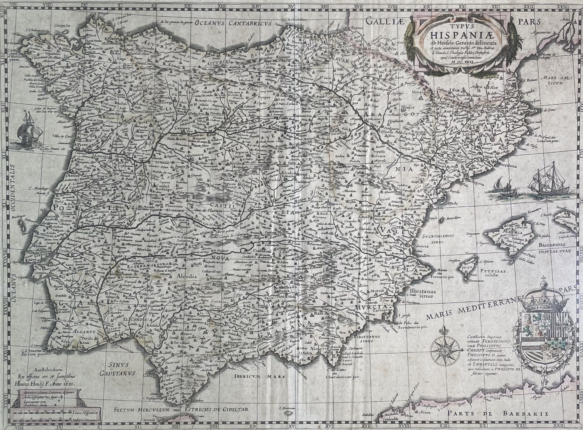 after HESSEL GERARDO. 'Typus Hispaniae.' Spain and Porugal, engraved map, glazed and framed, 1631,
