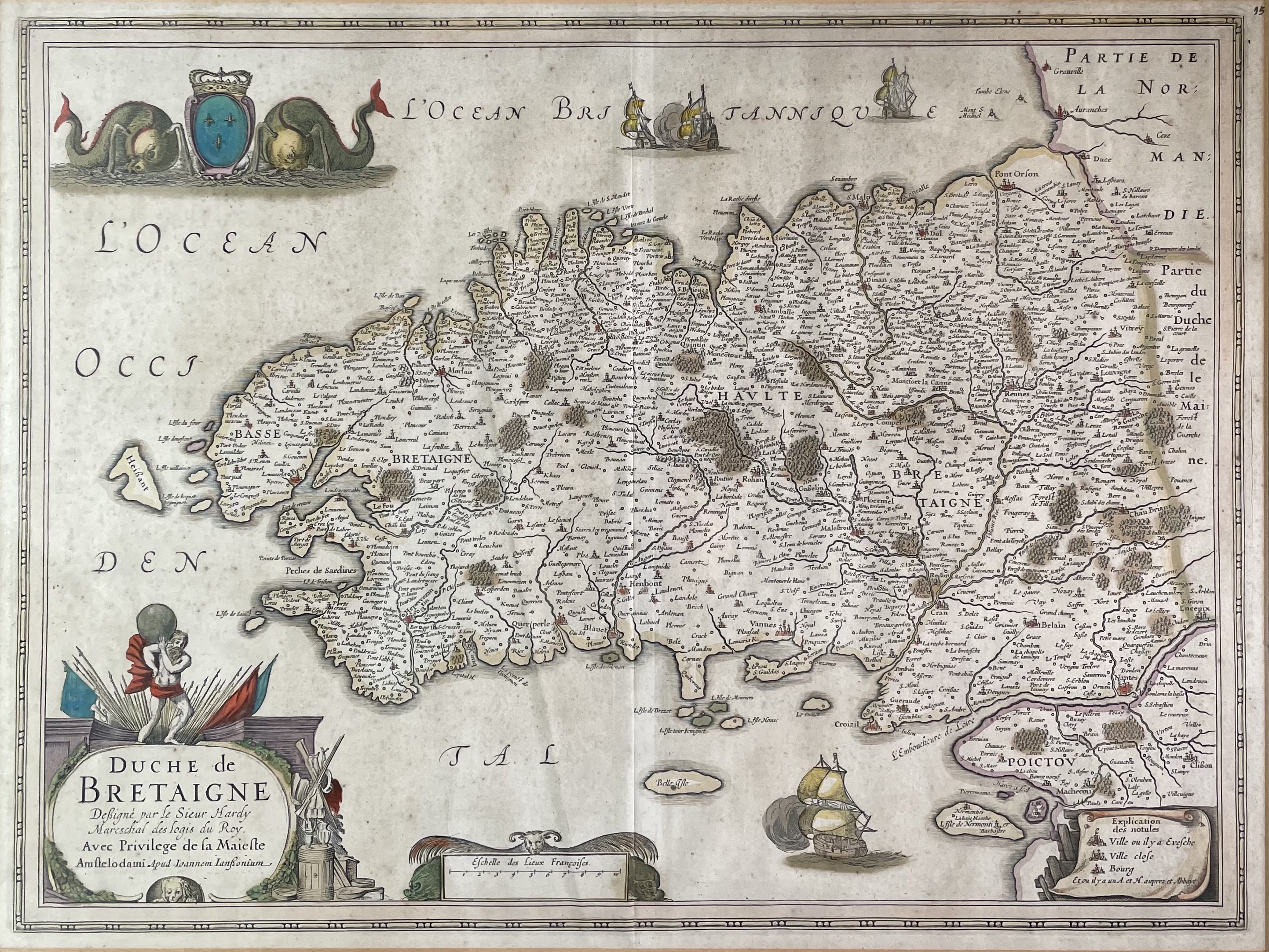 JOANNES JANSSON. 'Duche de Bretaigne.' Hand coloured, engraved map with cartouche sea monsters, some