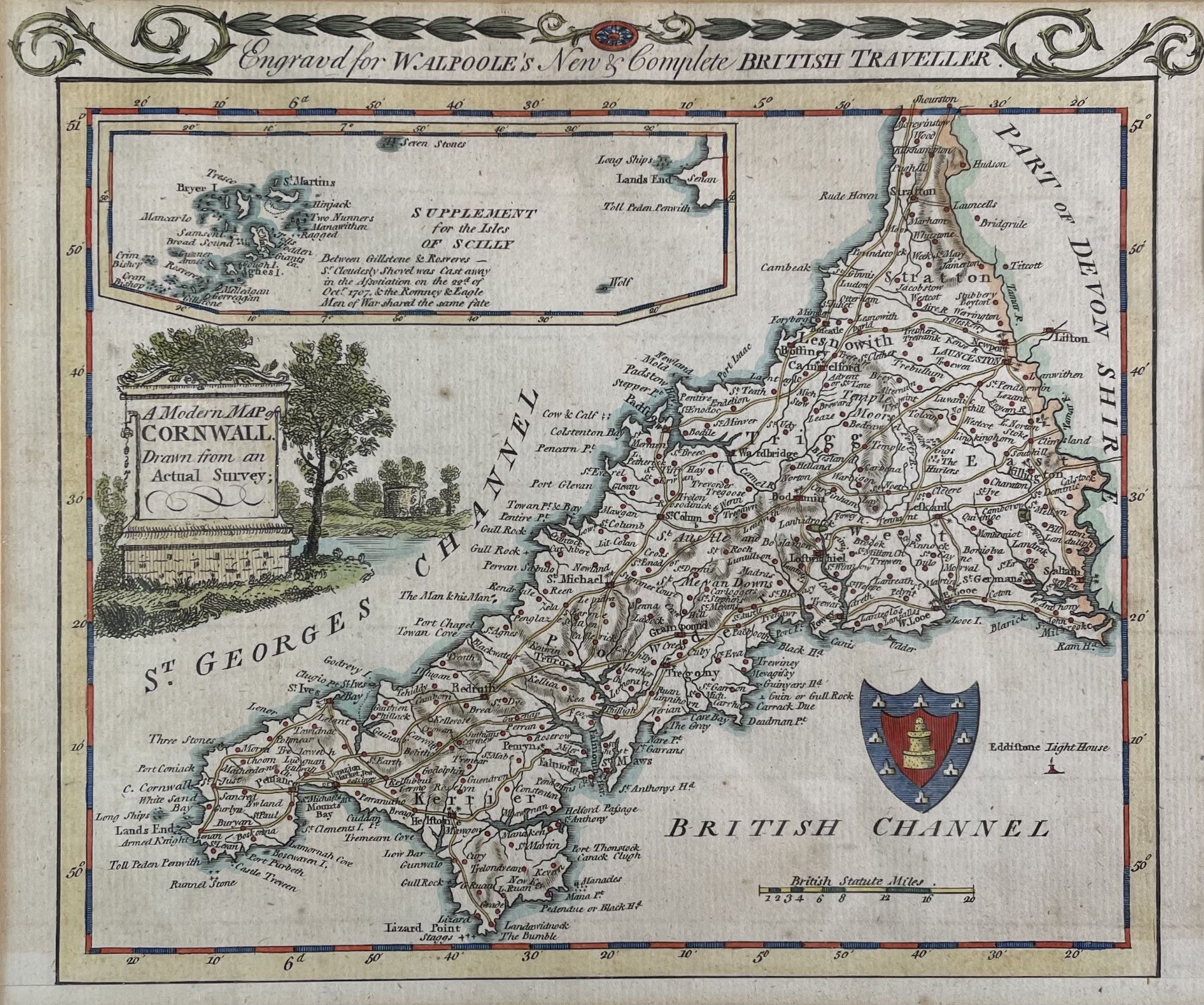 ALEXANDER HOGG. 'The New British Traveller.' Hand coloured map of Cornwall, framed and glazed, 1784,