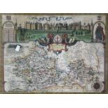 JOHN SPEED. 'Barkshire Described.' Hand coloured engraved map, panorama of Windsor Castle, double