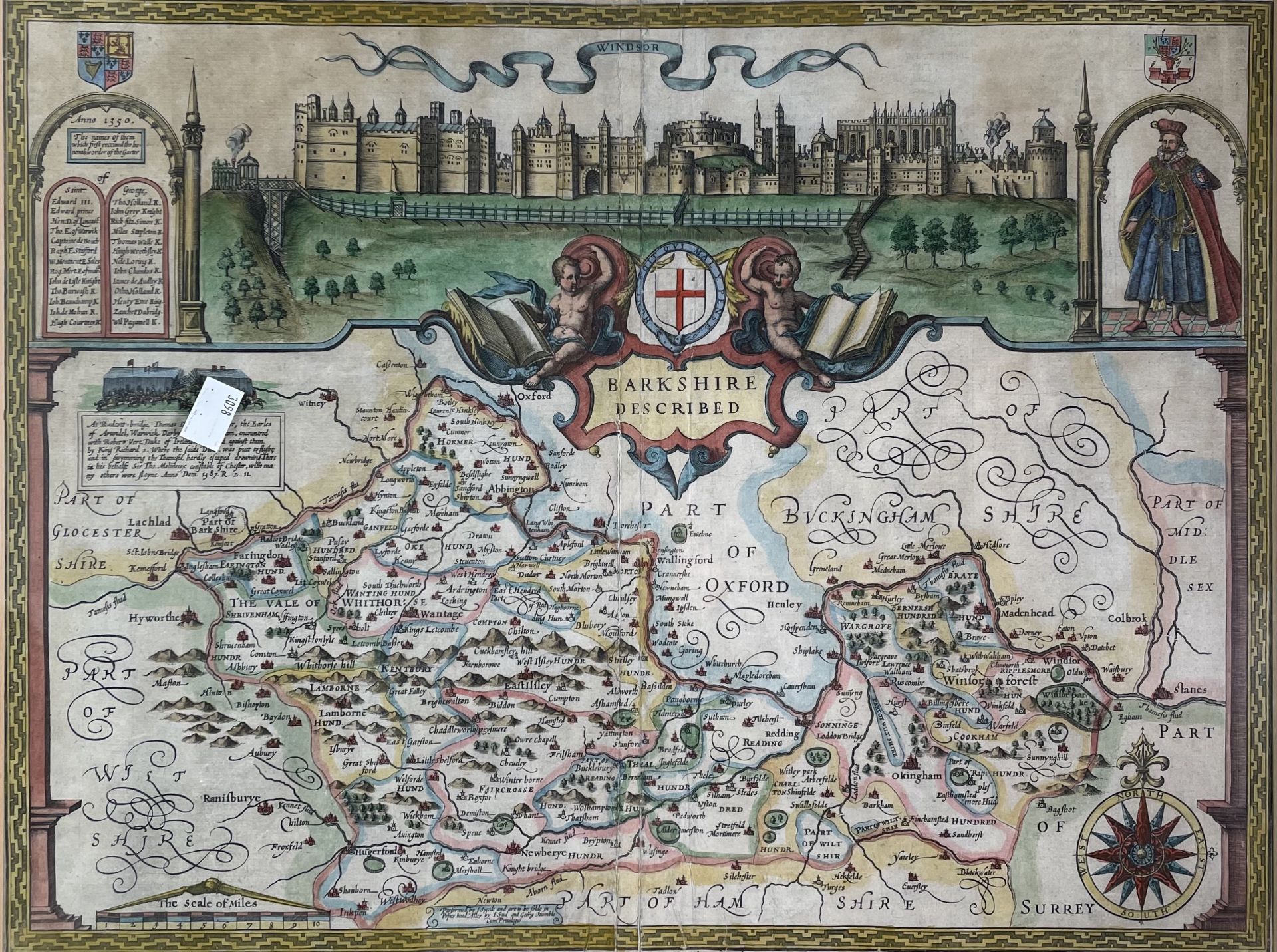 JOHN SPEED. 'Barkshire Described.' Hand coloured engraved map, panorama of Windsor Castle, double