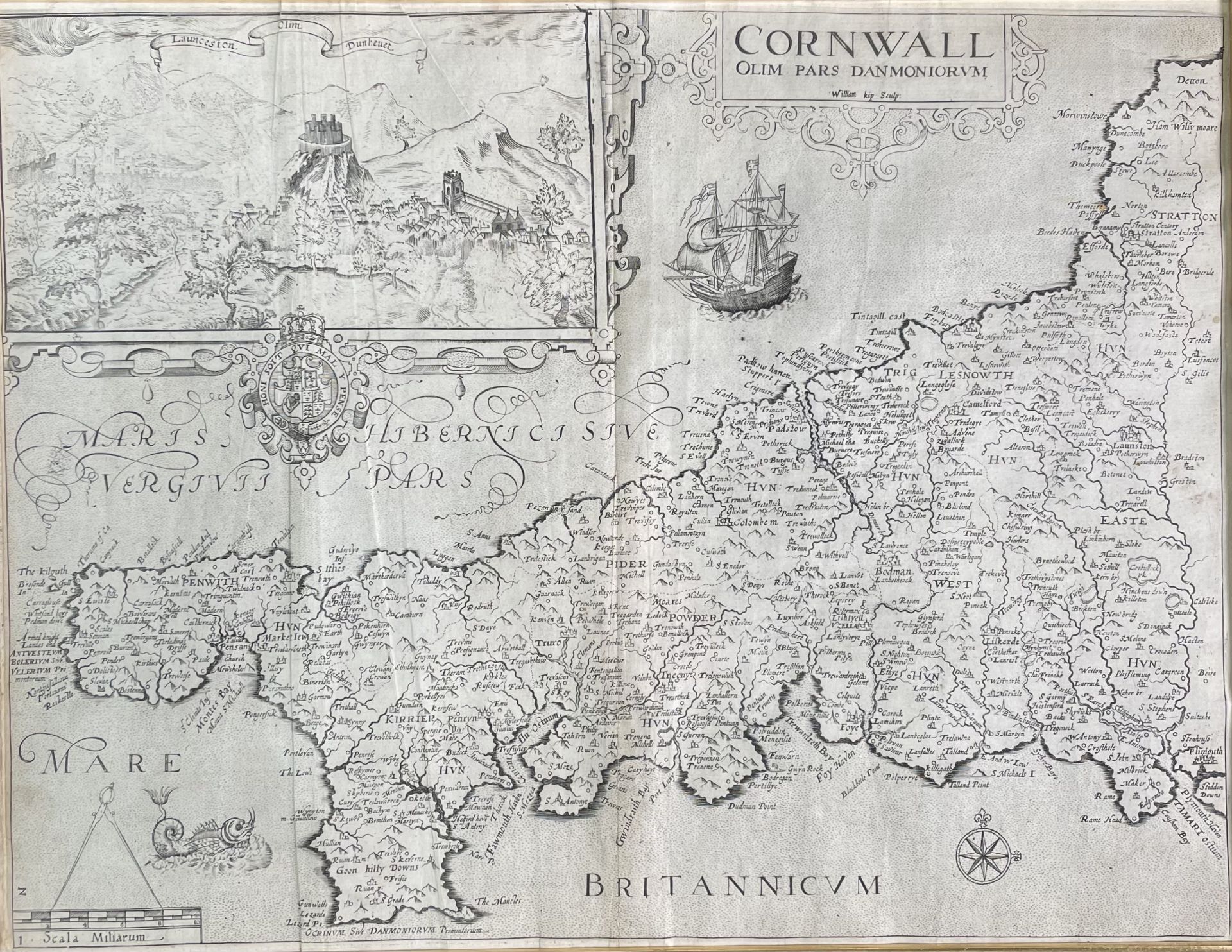 CHRISTOPHER SAXTON and WILLIAM KIP. 'Cornwall olim pars Danmoniorum.' Engraved map, inset view of