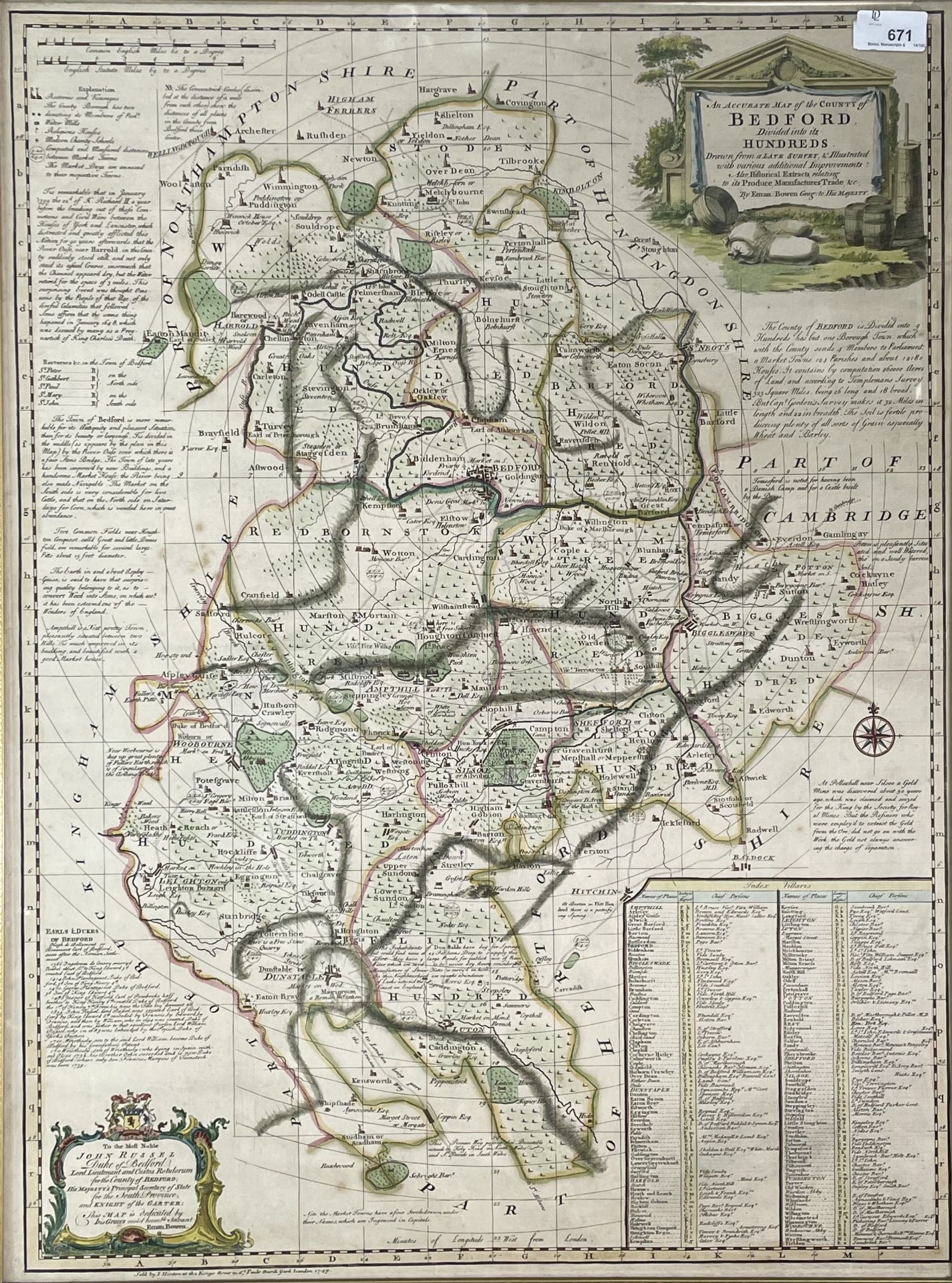 EMMANUAL BOWEN (1694-1767). 'An Accurate Map of Bedford divided into its Hundreds....' Hand