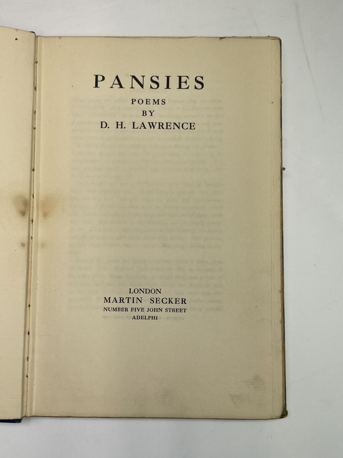 D. H. LAWRENCE. 'Pansies.' Cloth backed boards, small stain on first three pages, 1929, g; T. S. - Image 10 of 14