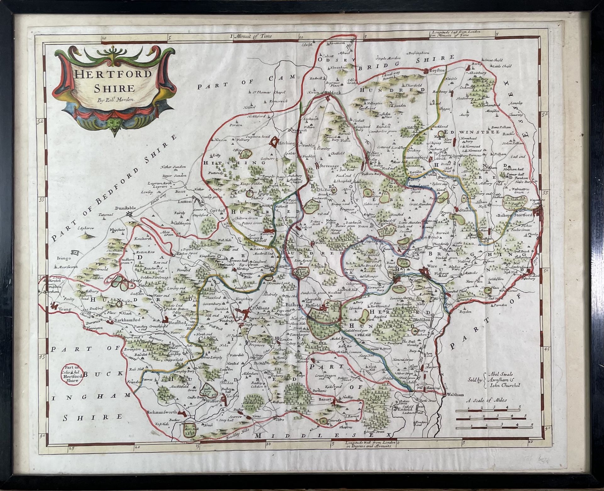 ROBERT MORDEN. 'Hertfordshire.' Partially hand coloured, engraved map, folds, good to very good, - Image 2 of 2