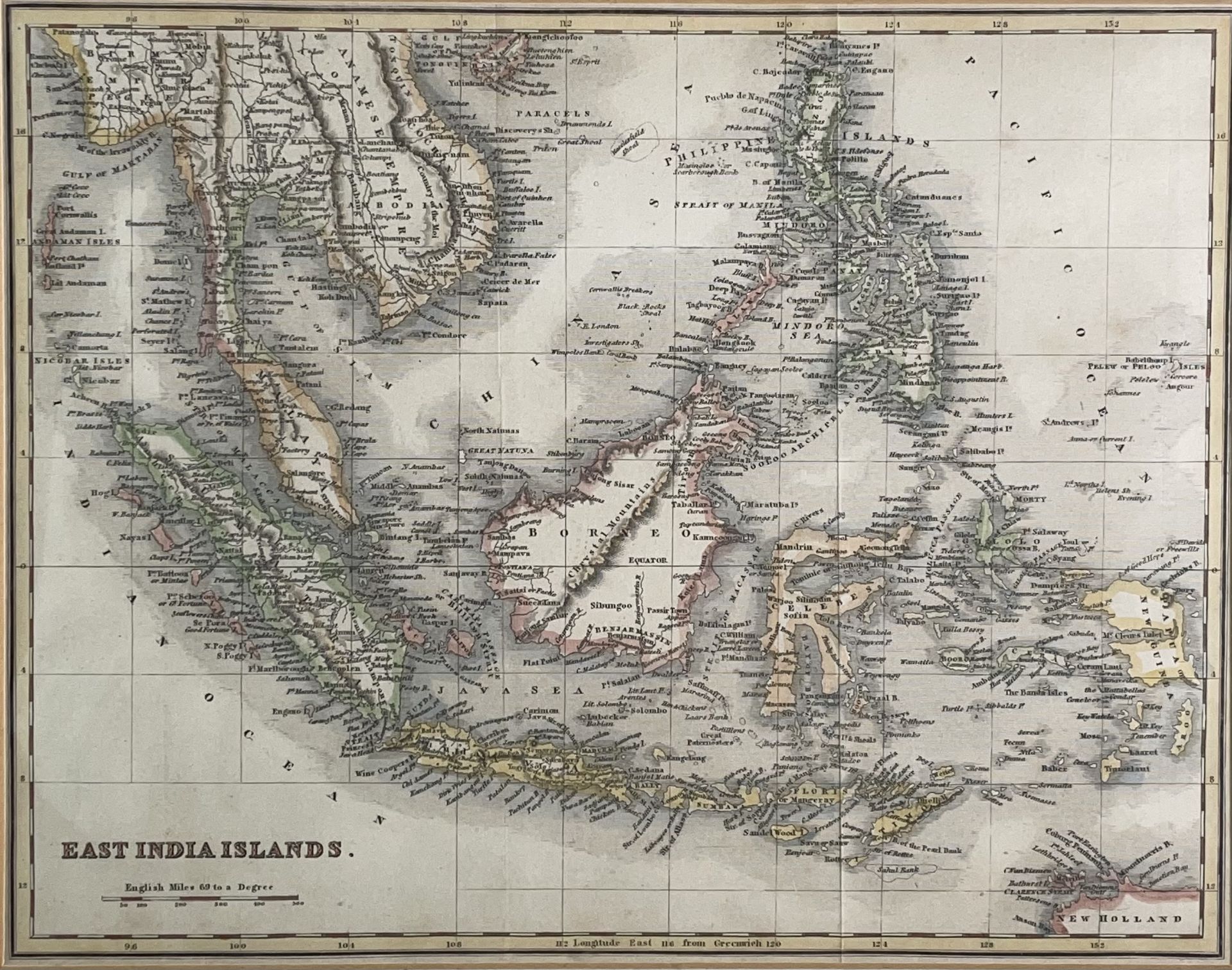 MAPS. 19th Century map of the 'East India Islands, hand coloured, framed and engraved, approx 19.5cm