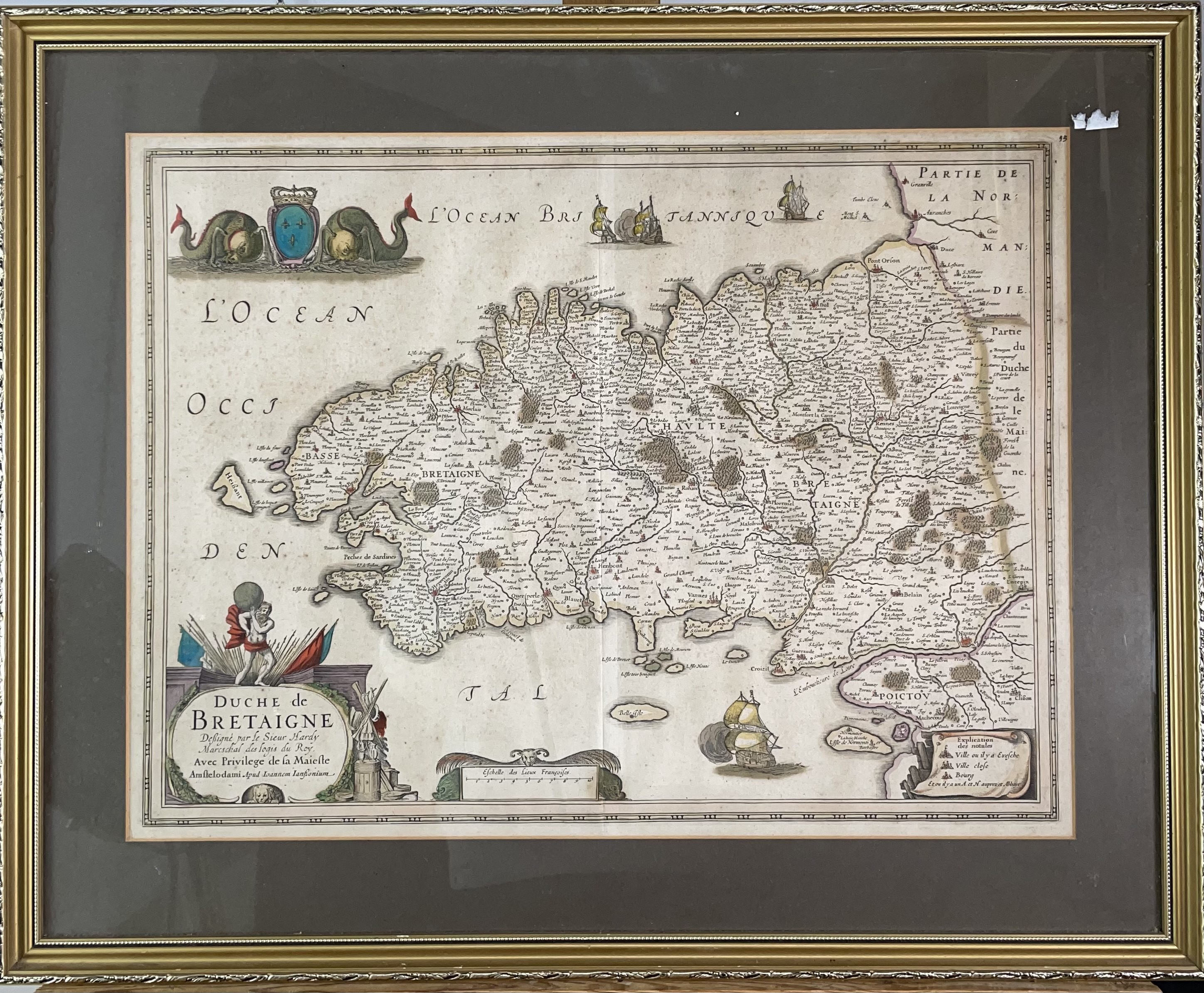 JOANNES JANSSON. 'Duche de Bretaigne.' Hand coloured, engraved map with cartouche sea monsters, some - Image 2 of 2