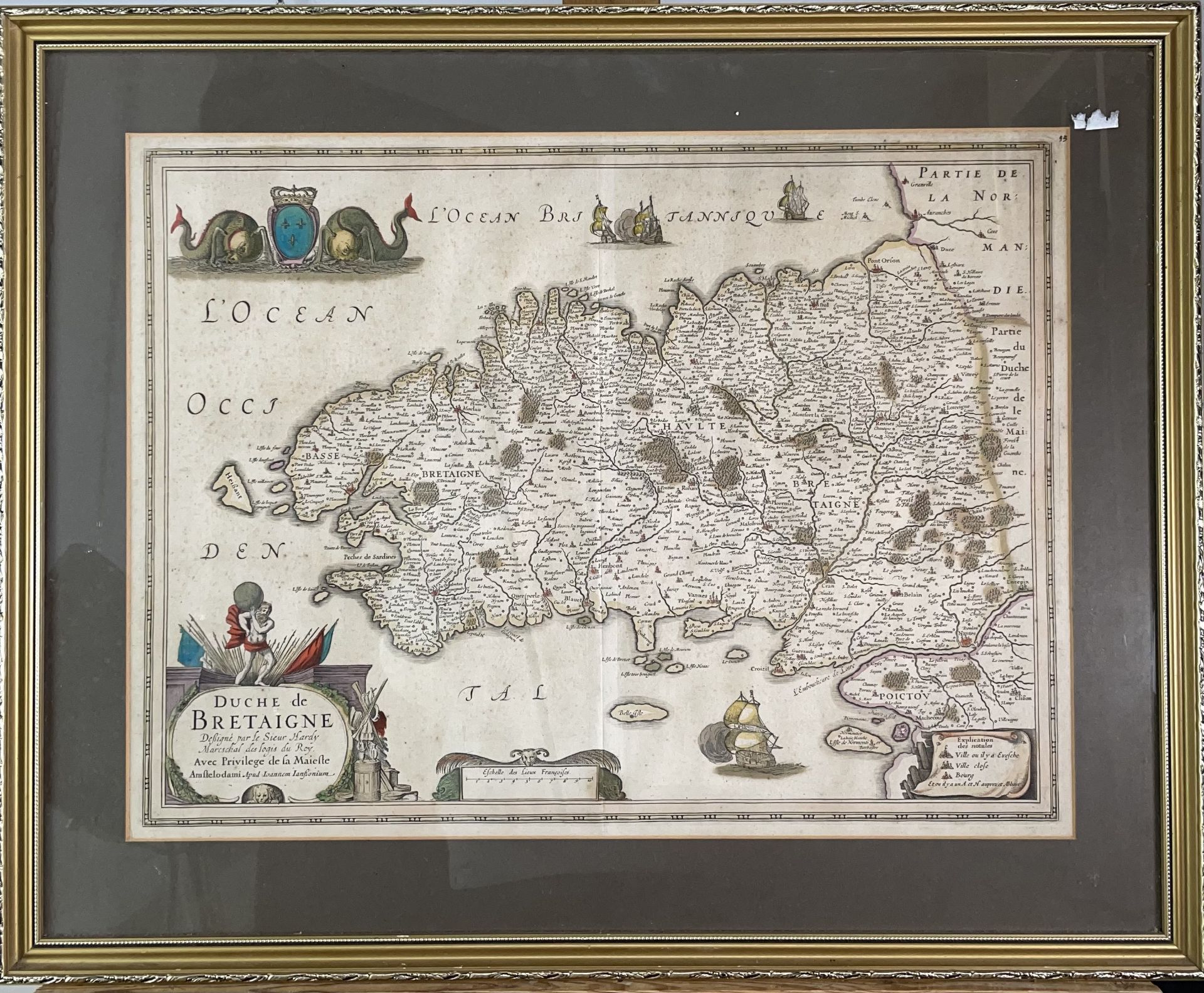 JOANNES JANSSON. 'Duche de Bretaigne.' Hand coloured, engraved map with cartouche sea monsters, some - Image 2 of 2
