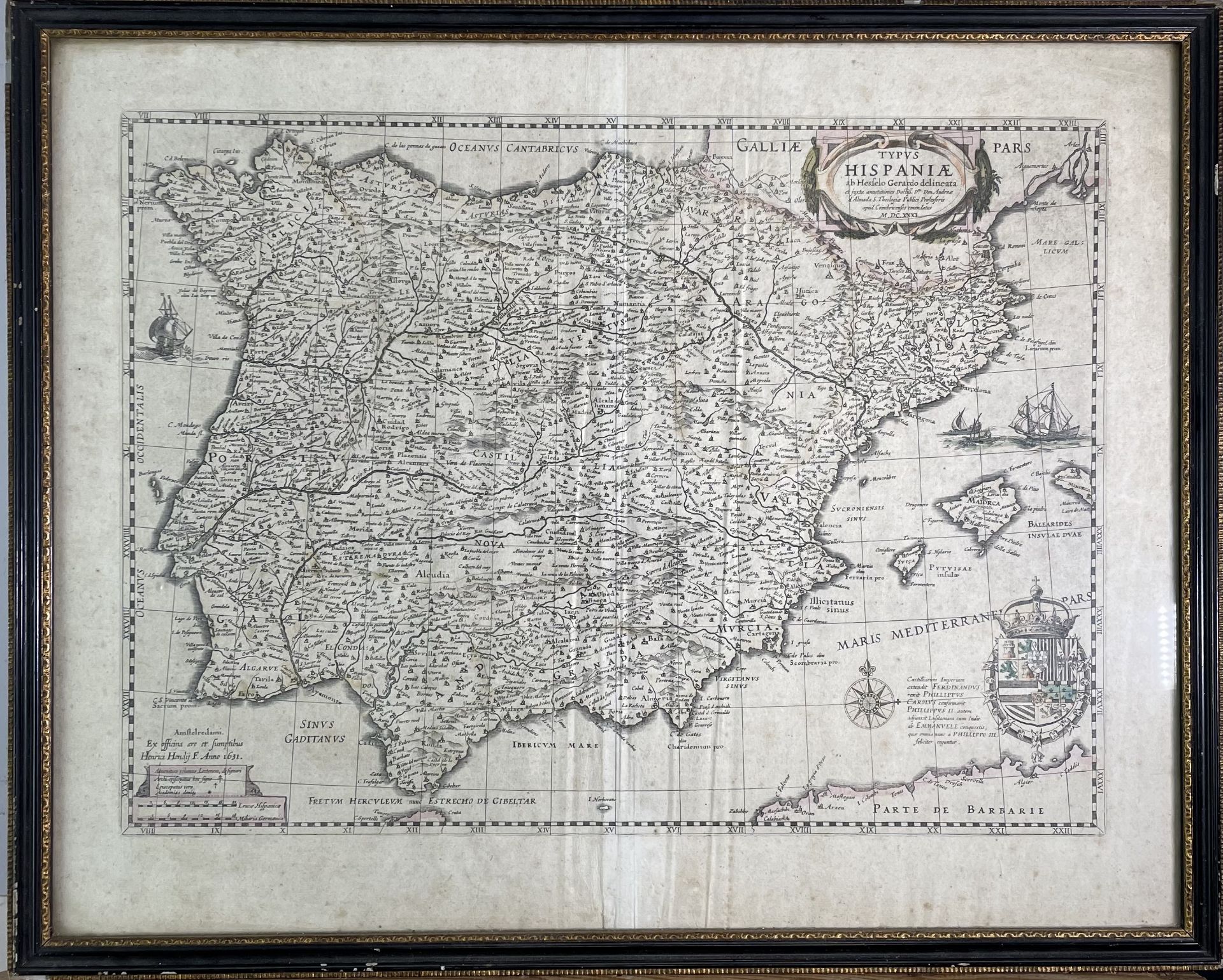 after HESSEL GERARDO. 'Typus Hispaniae.' Spain and Porugal, engraved map, glazed and framed, 1631, - Image 2 of 4