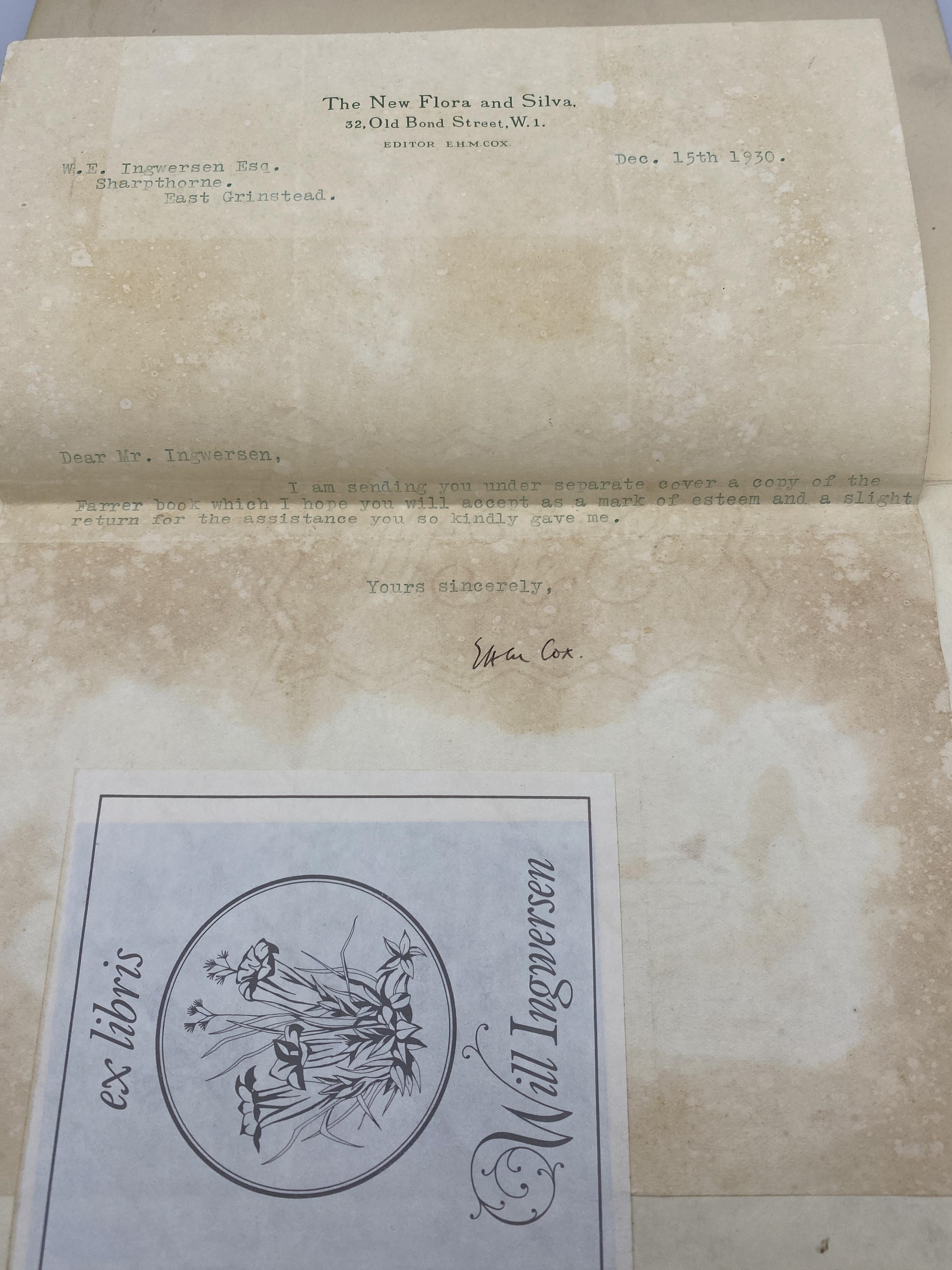 E. H. M. COX. 'The Plant Introductions of Reginald Farrer'. First Edition, signed letter of - Image 3 of 5