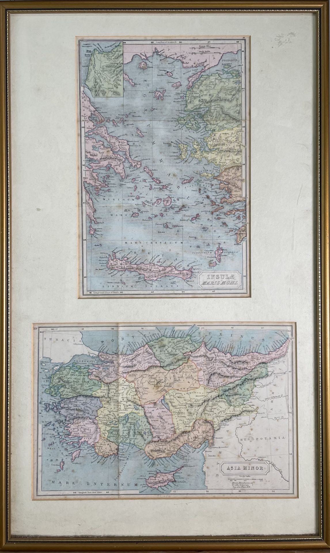 MAPS. Two 19th century maps in one frame, 'Insule Maris Aegaei and Asia Minor,' frame size approx - Image 2 of 2