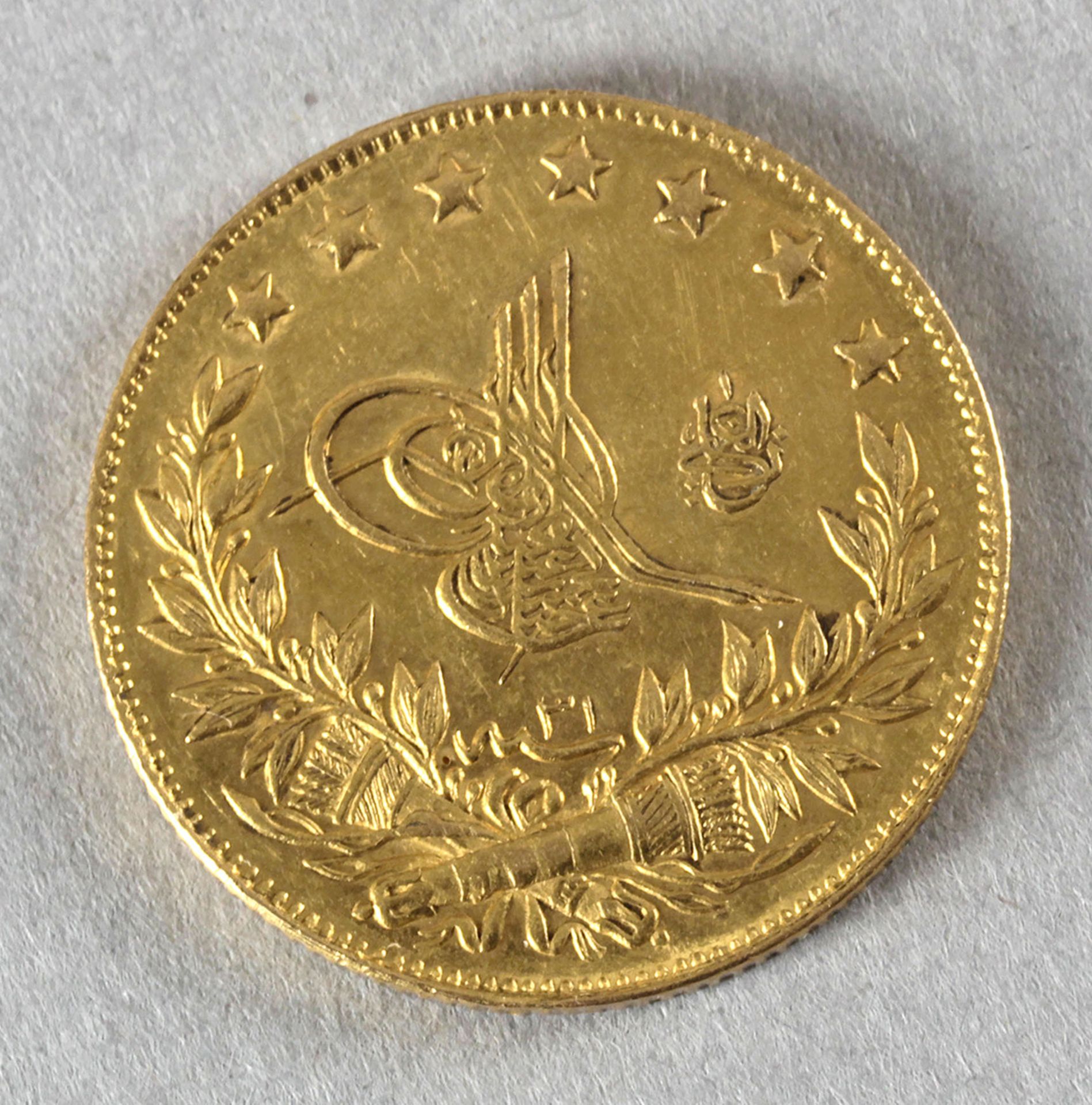 Goldmünze, 100 Kurush (Piaster), Osmanisches Reich, 1907 (1293), Tughra