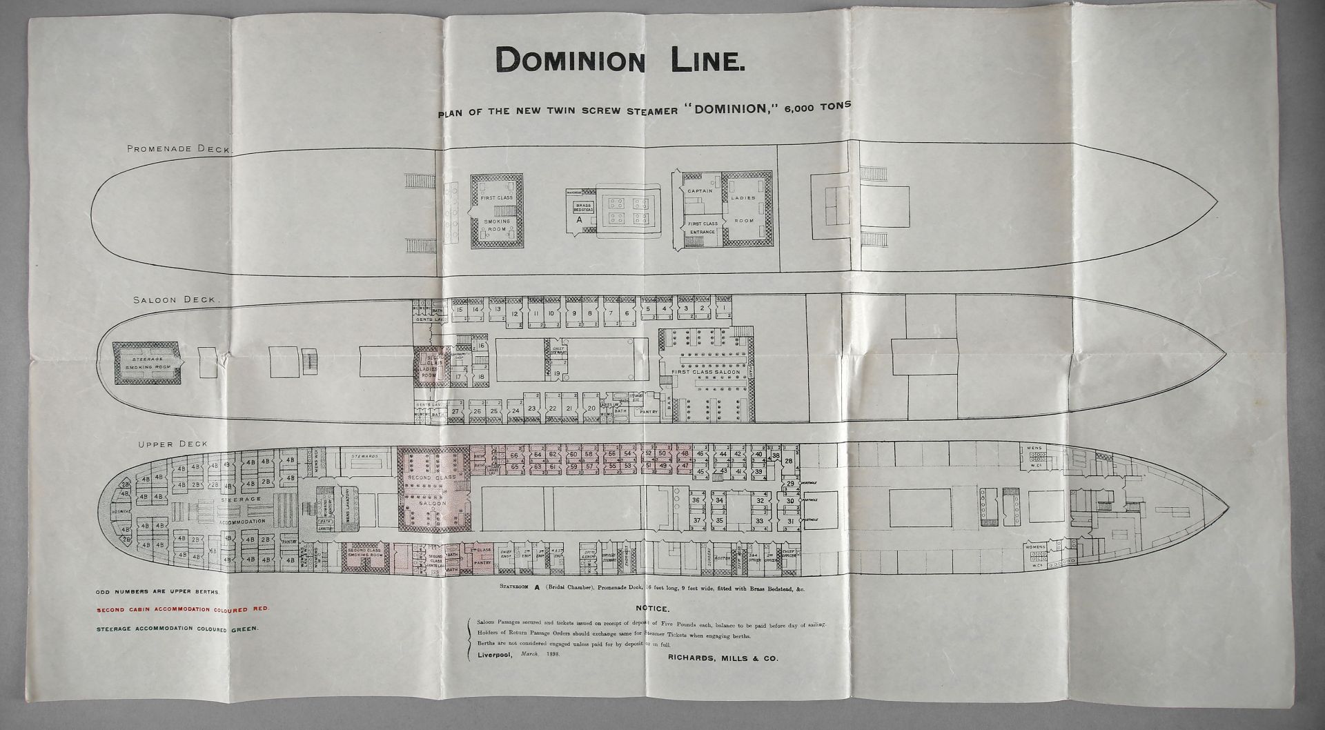 Decksplan 'Dominion' der 'Dominion Line' (ehemals 'Prussia', Hapag), Liverpool 1898