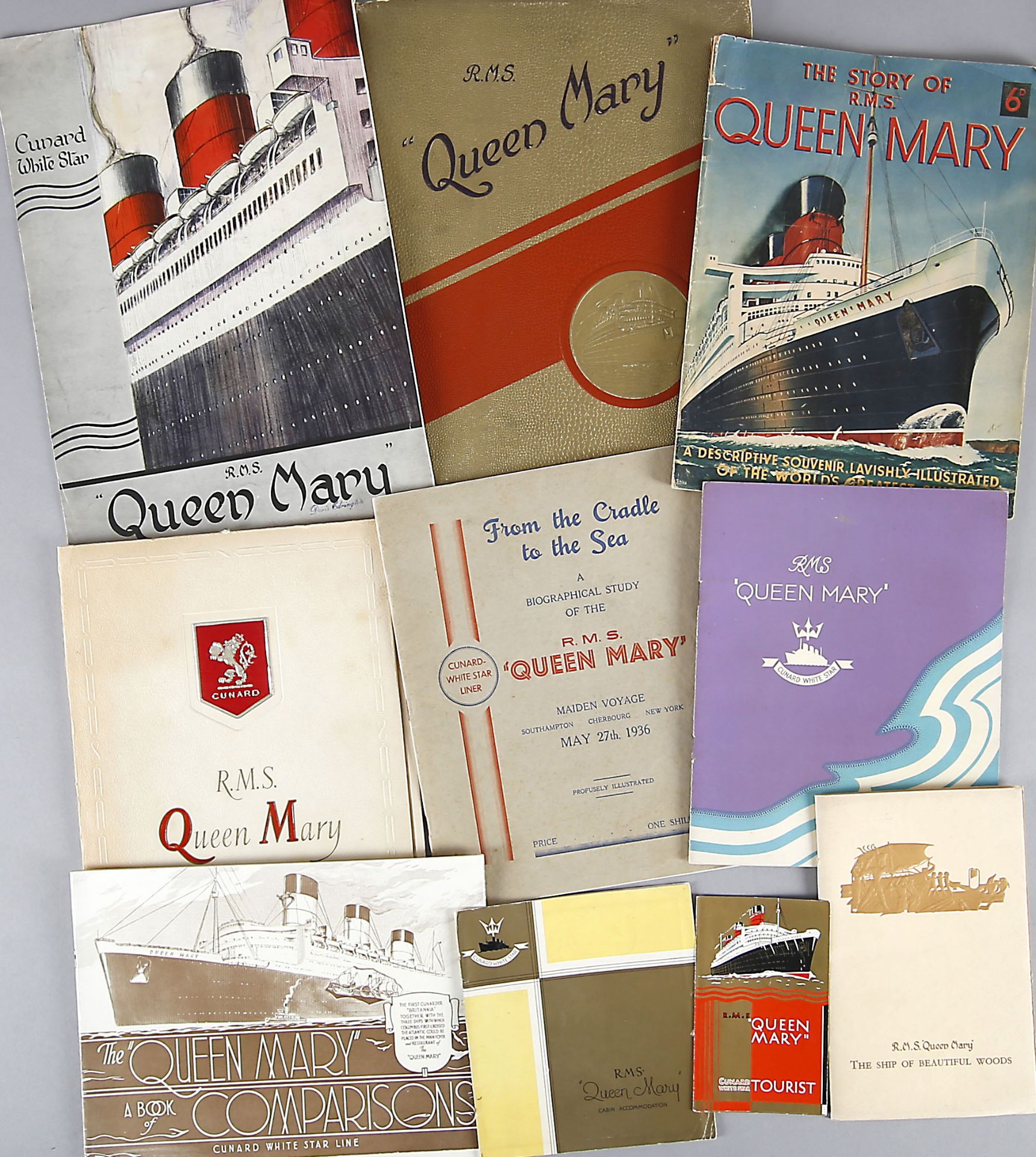 Konvolut 10 Veröffentlichungen der Cunard Line zur 'RMS Queen Mary', Liverpool 1936-1950er Jahre