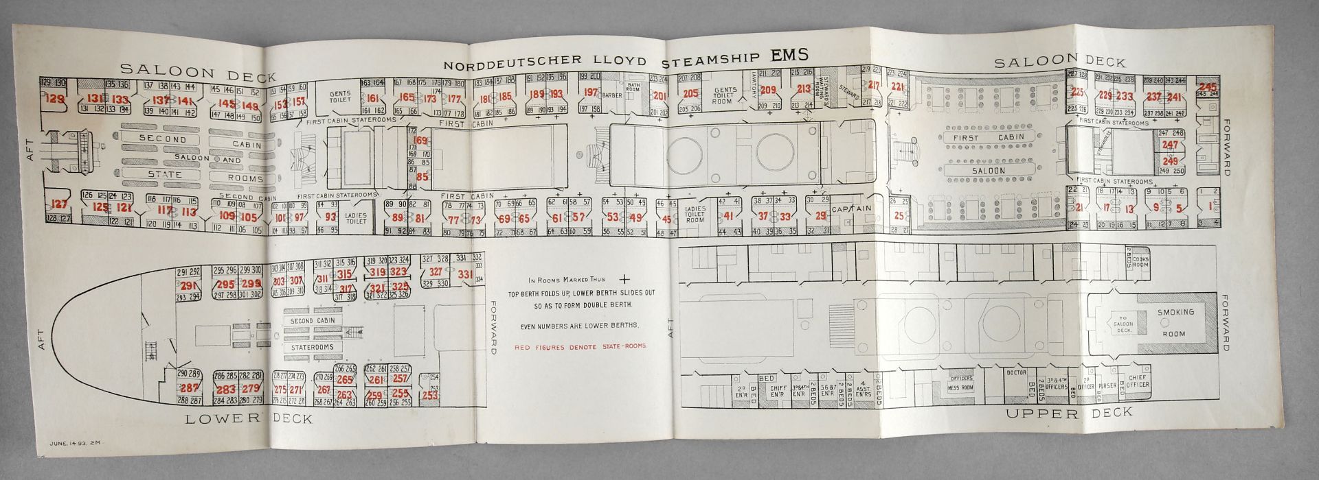 Decksplan des Nordatlantikschnelldampfers 'Ems' des 'Norddeutschen Lloyd', Bremen, 1893