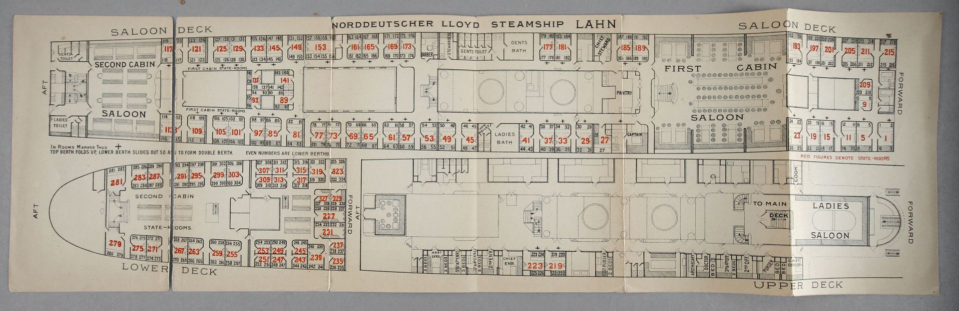 Decksplan des Nordatlantikschnelldampfers 'Lahn' des 'Norddeutschen Lloyd', Bremen um 1890