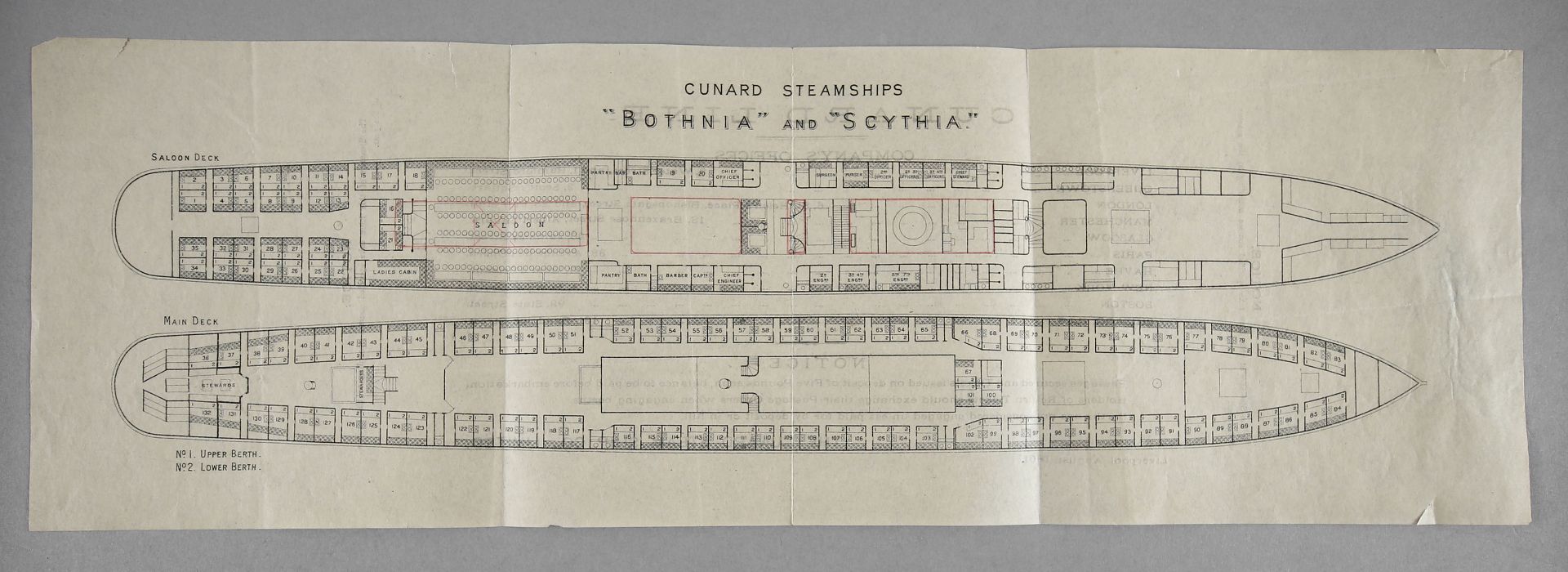 Decksplan der Schwesterschiffe 'Bothnia' (1874-1899) und 'Scythia' (1875-1899) der Reederei 'Cunard