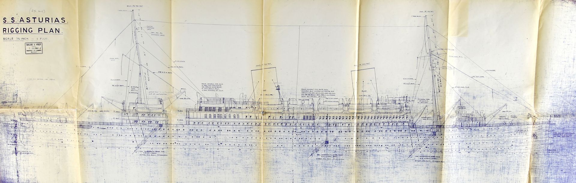 Takelage-Plan (Blaupause) der 'Asturias' (Schwesterschiff der 'Alcantara'), 1925 Reederei 'Royal Mai