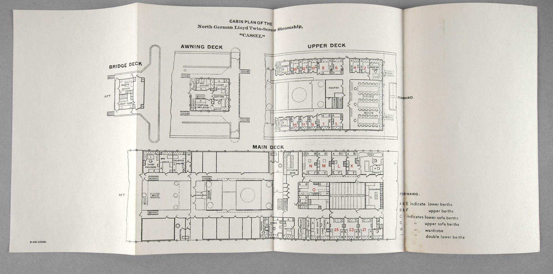 Decksplan des Doppelschrauben-Schnelldampfers 'Cassel' (Köln-Klasse) des 'Norddeutschen Lloyd', Brem