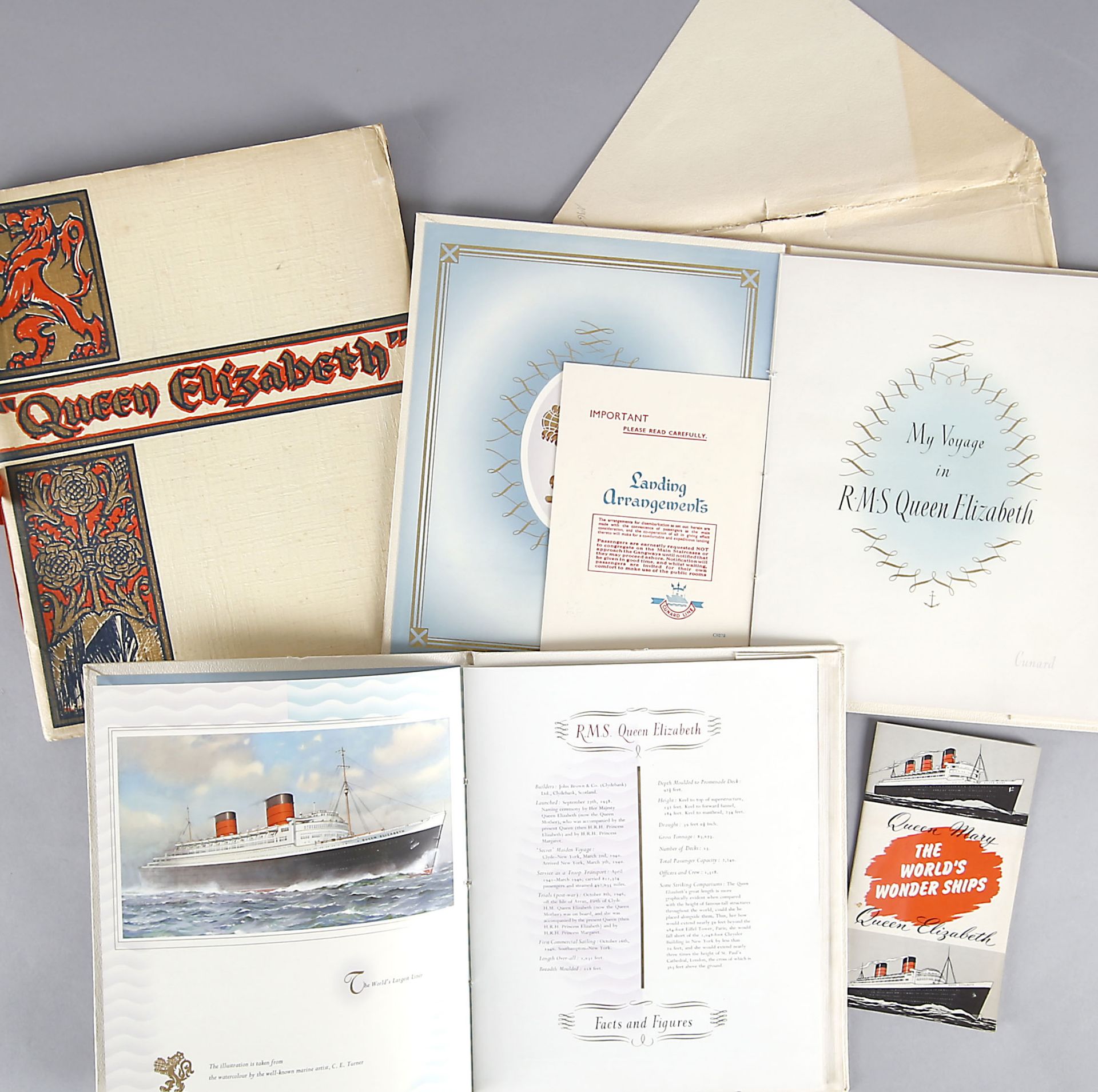 Konvolut 4 Broschüren der Cunard Linie zur 'RMS Queen Elizabeth', Liverpool 1928-1961