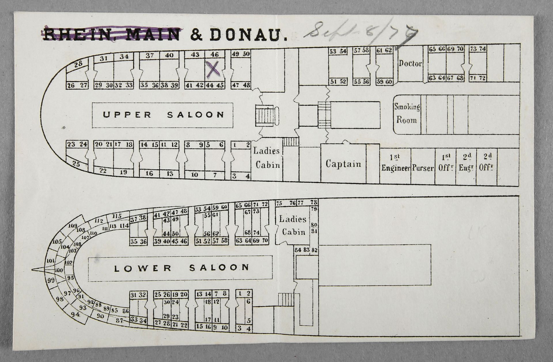 Decksplan des rückwärtigen Teils des Passagierdampfers 'Donau', 'Norddeutscher Lloyd', Bremen um 187