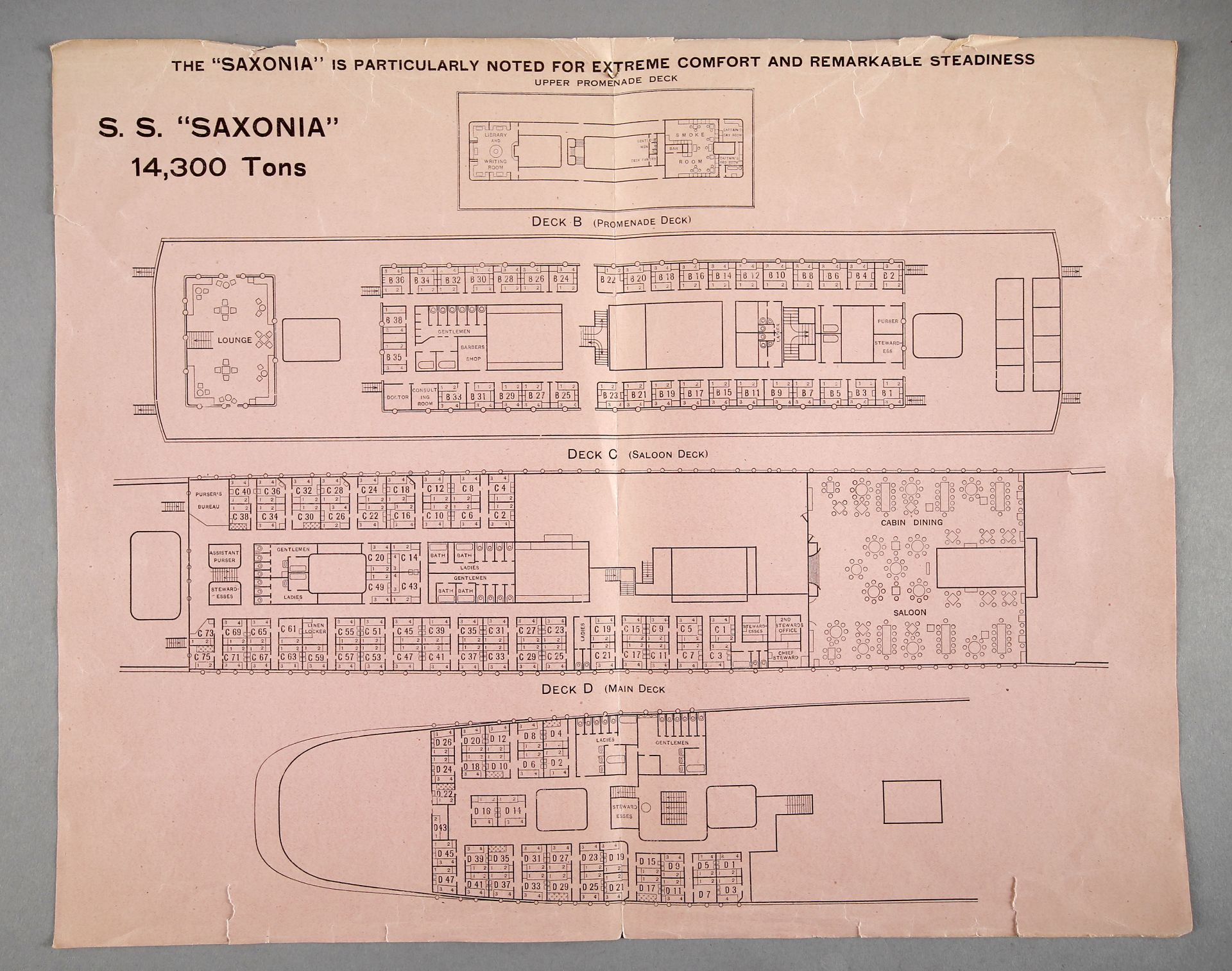 Decksplan der 'SS Saxonia' mit Preisliste für die Erste Klasse, 'Cunard Line', Liverpool 1920