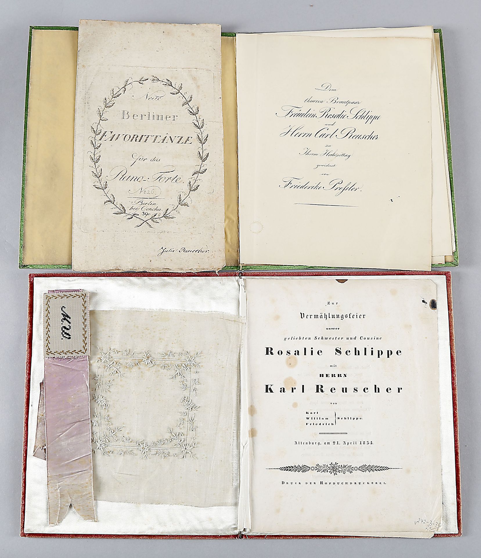 2 Hochzeitsbücher zur Vermählung von Rosalie Schlippe und Karl Reuscher am 21.04.1834 in Altenburg