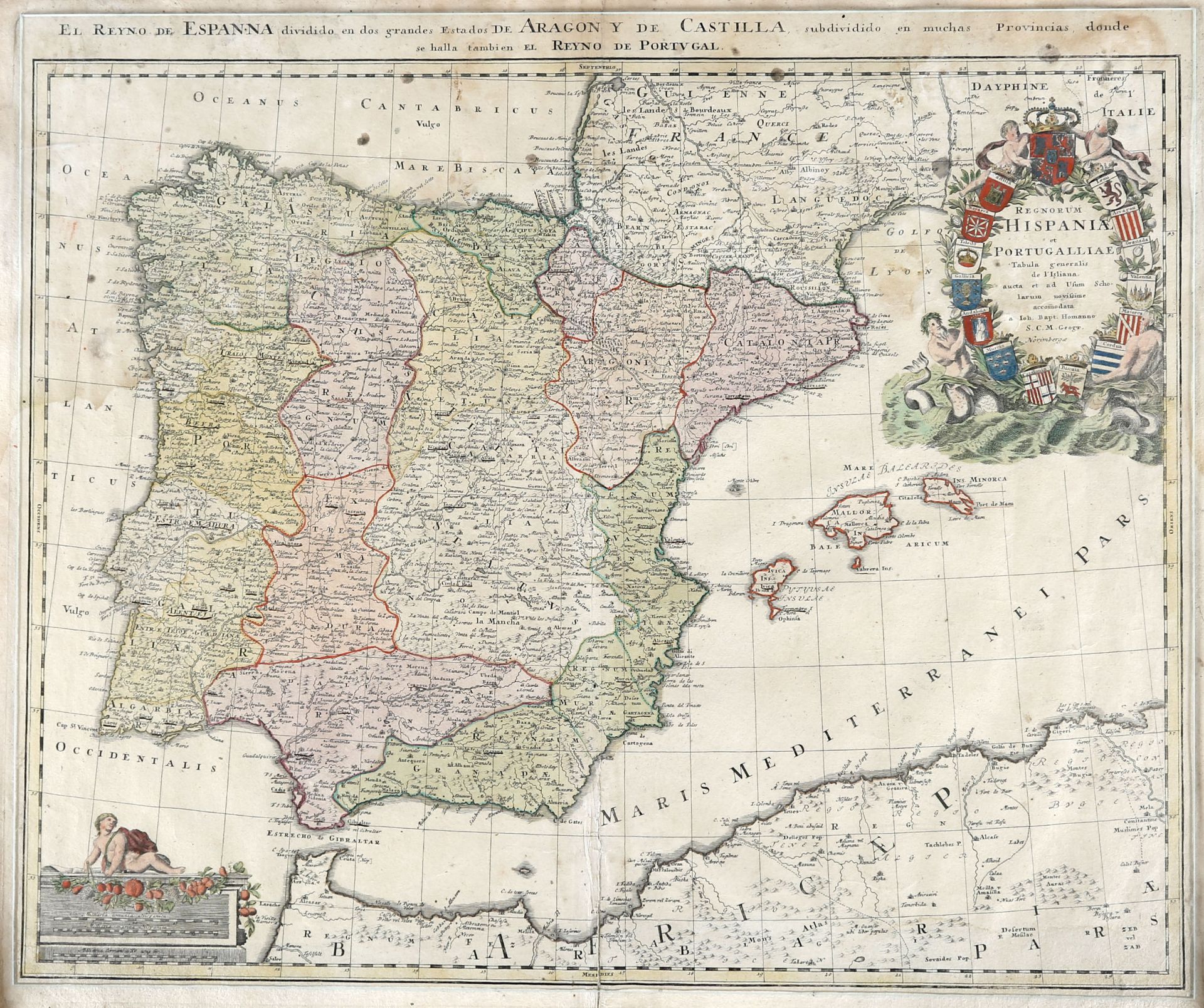 Landkarte der Königreiche Spanien und Portugal, um 1710