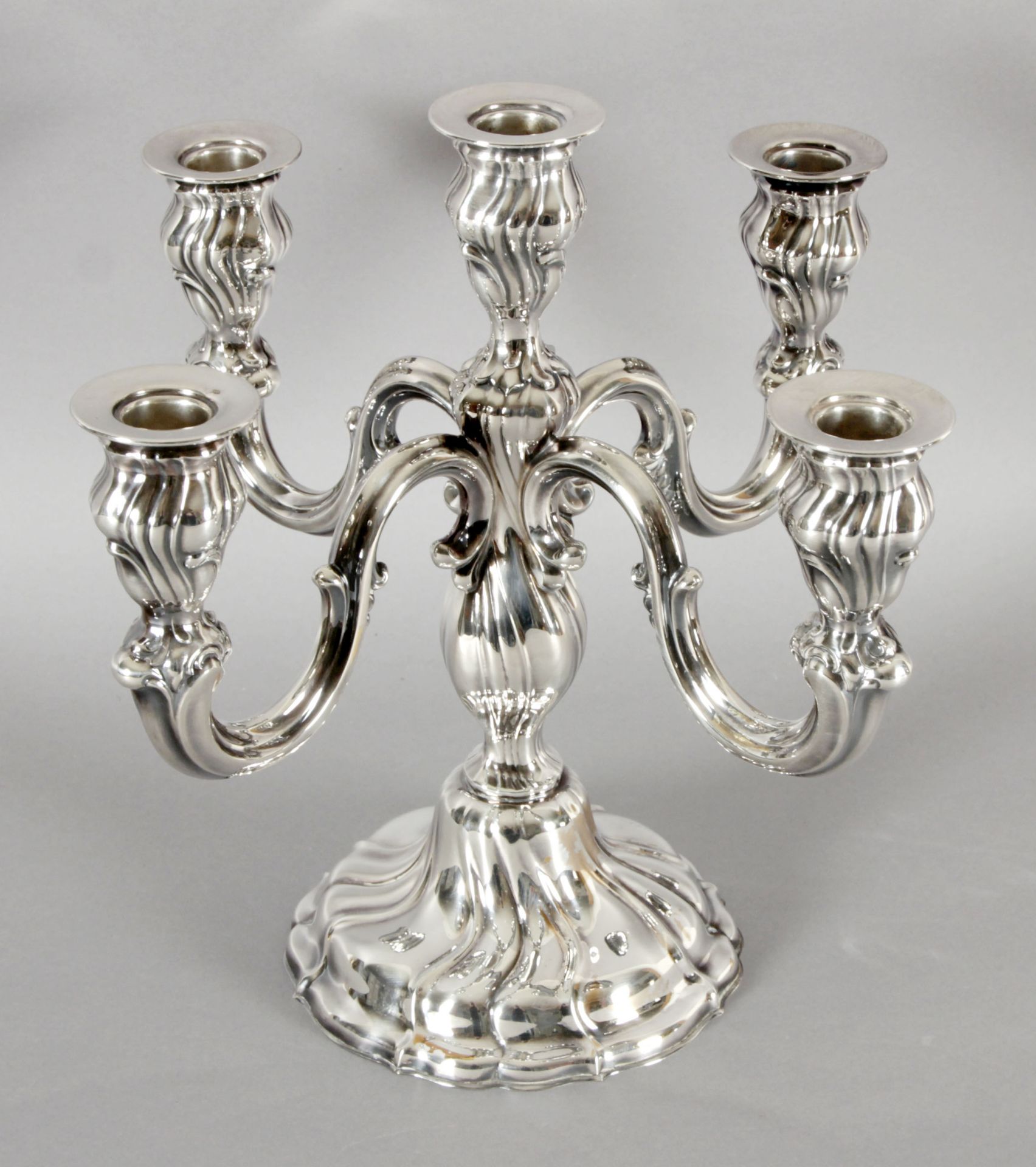 Silberleuchter für 5 Kerzen, Barockstil, deutsch A. 20. Jh., 835er Silber