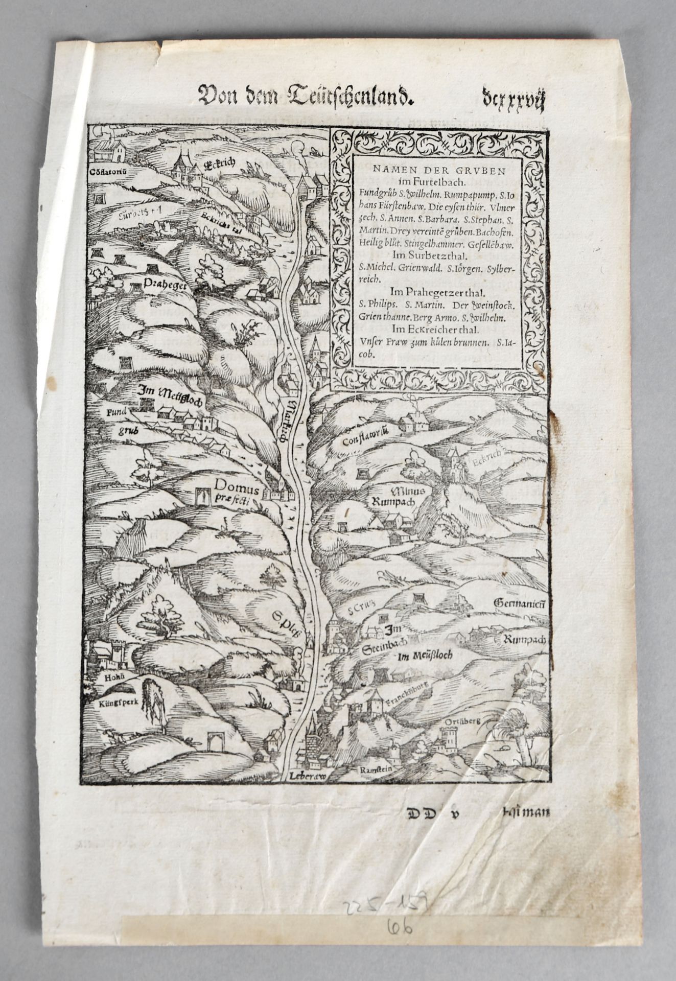 Namen der Gruben im Furtelbach, Holzschnittkarte aus Sebastian Münsters Cosmography, ab 1544