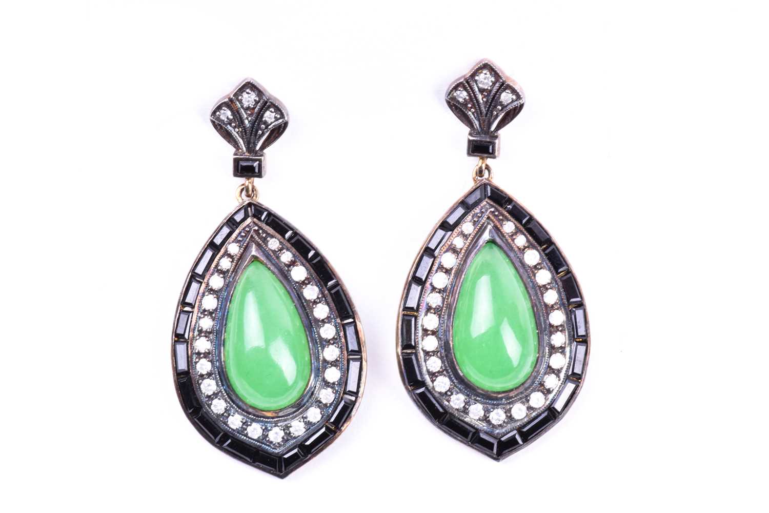 A pair of silver gilt, diamond, onyx and agate drop earrings in the Art Deco style, the trefoil