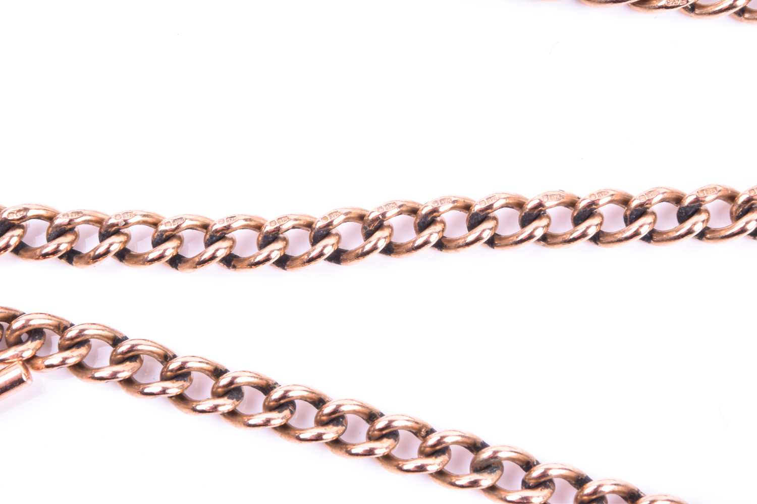 A 9ct rose gold watch chain, the graduated curb pattern double Albert with sprung clasps and T - Image 2 of 5