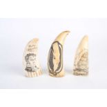 Three whale tooth scrimshaws, all with later decoration, depicting a whale, inscribed verso 1861, an