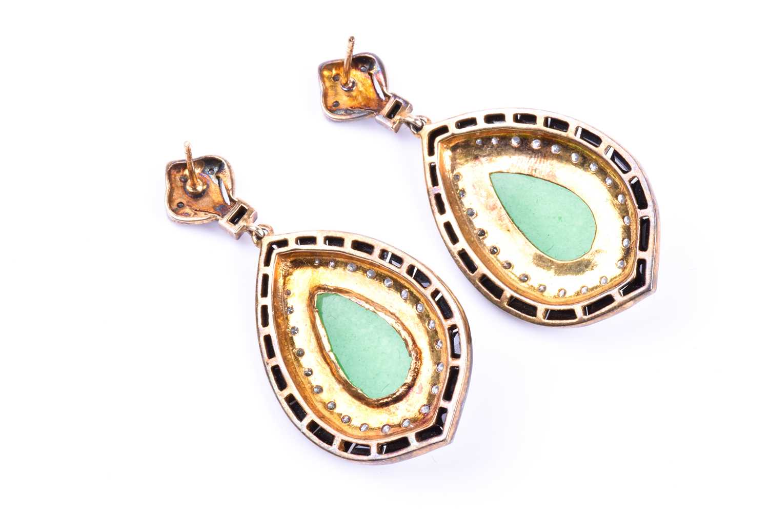 A pair of silver gilt, diamond, onyx and agate drop earrings in the Art Deco style, the trefoil - Image 3 of 3