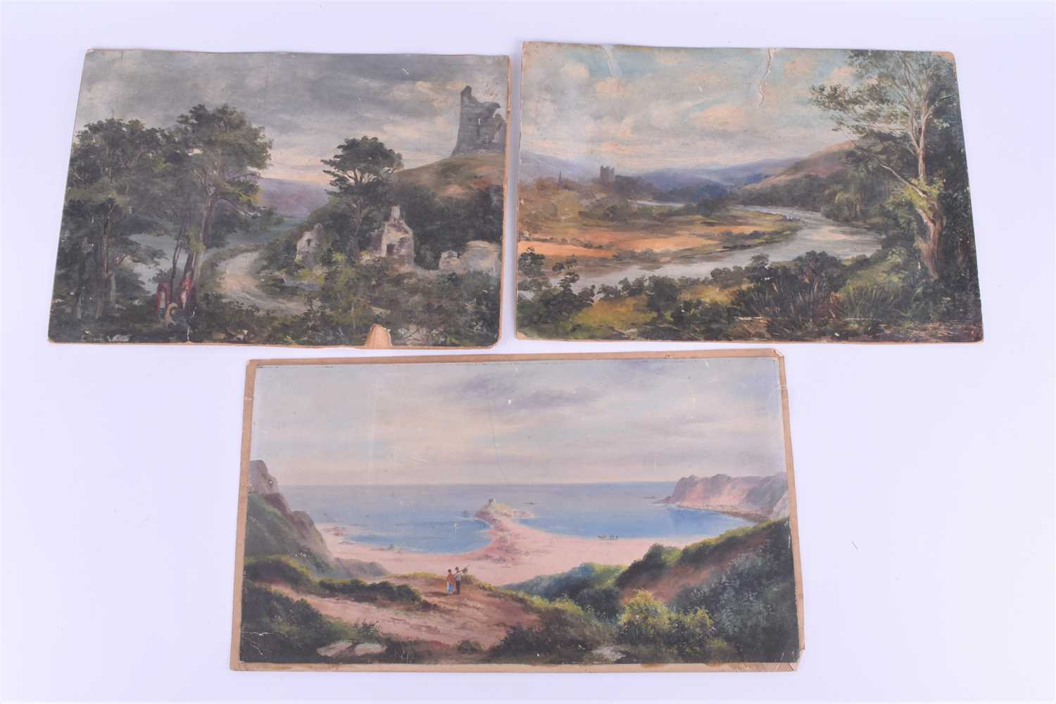 Two 19th century oil paintings depicting Irish castles 'Ruig Rowe' & 'Carrignacurra', unsigned,