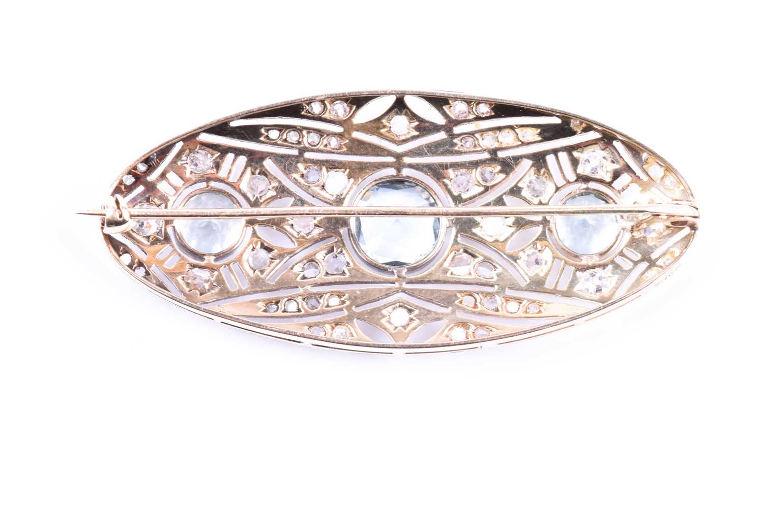 An Art Deco diamond and aquamarine brooch of elongated oval form, the openwork mount set with rose- - Image 3 of 3