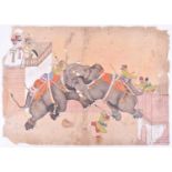 Indian School, 18th/19th century, fighting elephants with mahouts up, an emperor overseeing on a