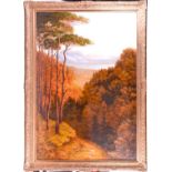 A large 19th century landscape, an autumnal forest with a lake and mountains to the background,