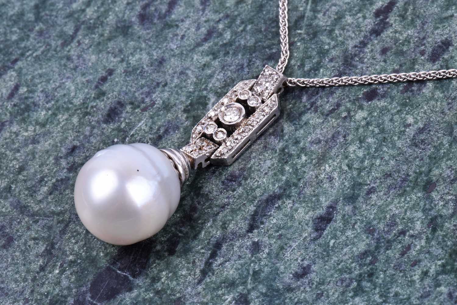 A diamond and pearl pendant, the rectangular plaque mount inset with round-cut diamonds, and - Image 3 of 4