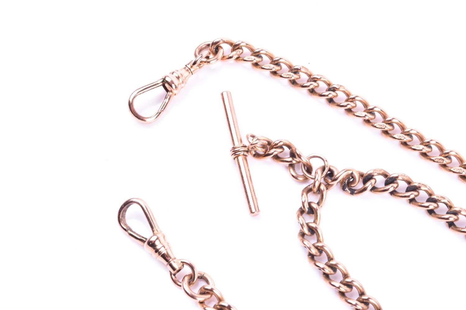 A 9ct rose gold watch chain, the graduated curb pattern double Albert with sprung clasps and T - Image 3 of 5