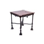 An oak parquetry top table, 19th century, the square top with pronounced corners, the edge with