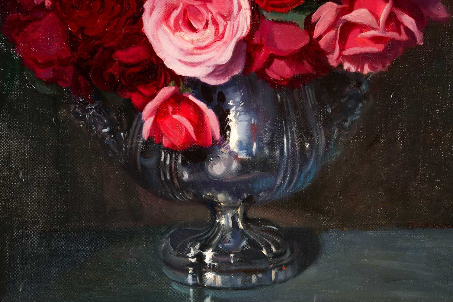 A 20th century still life study, roses in a bowl, oil on board, indistinctly signed, 55 cm x 43 cm - Image 2 of 5