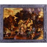 A Geo III coloured mezzotint under glass, classical scene with gods and cherubs in landscape, 25cm x