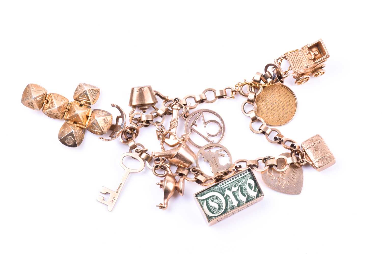 A 9ct yellow gold charm bracelet, suspended with various charms including a pram, a Paris charm, a - Image 5 of 5